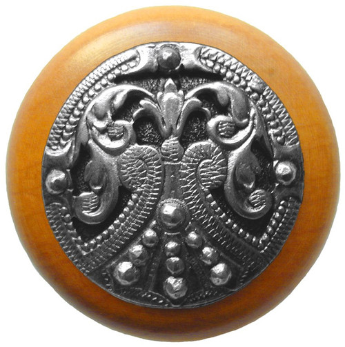 Notting Hill, Classic, Regal Crest, 1 1/2" Round Wood Knob, Brilliant Pewter with Maple Wood Finish