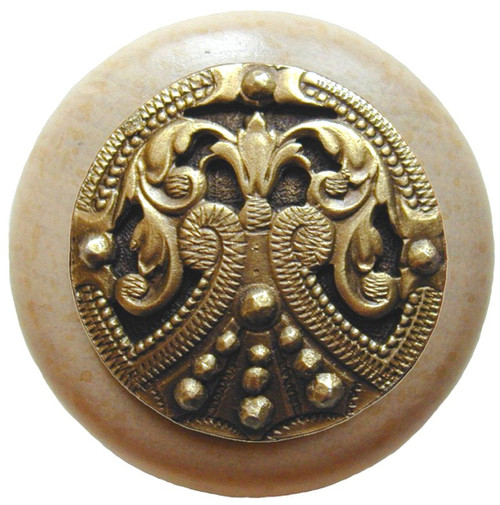 Notting Hill, Classic, Regal Crest, 1 1/2" Round Wood Knob, Antique Brass with Natural Wood Finish