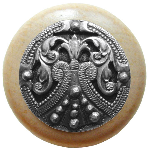 Notting Hill, Classic, Regal Crest, 1 1/2" Round Wood Knob, Antique Pewter with Natural Wood Finish
