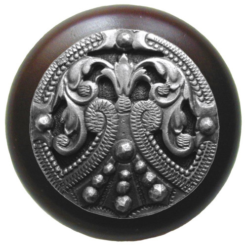 Notting Hill, Classic, Regal Crest, 1 1/2" Round Wood Knob, Antique Pewter with Dark Walnut Wood Finish