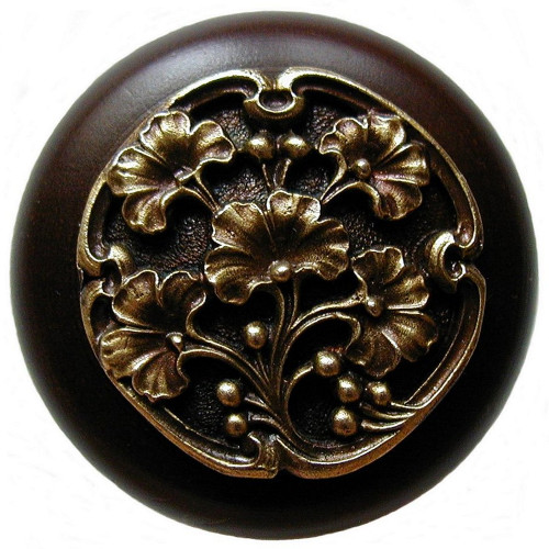 Notting Hill, Florals and Leaves, Ginkgo Berry, 1 1/2" Round Wood Knob, Antique Brass with Dark Walnut Wood Finish