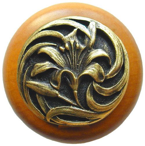 Notting Hill, Florals and Leaves, Tiger Lily, 1 1/2" Round Wood Knob, Antique Brass with Maple Wood Finish