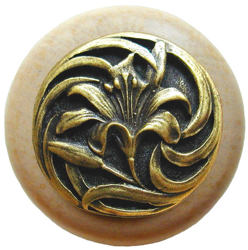 Notting Hill, Florals and Leaves, Tiger Lily, 1 1/2" Round Wood Knob, Antique Brass with Natural Wood Finish