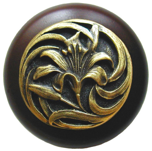 Notting Hill, Florals and Leaves, Tiger Lily, 1 1/2" Round Wood Knob, Antique Brass with Dark Walnut Wood Finish