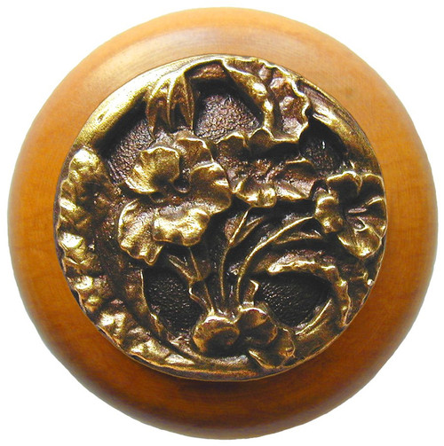 Notting Hill, Florals and Leaves, Hibiscus, 1 1/2" Round Wood Knob, Antique Brass with Maple Wood Finish