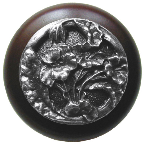 Notting Hill, Florals and Leaves, Hibiscus, 1 1/2" Round Wood Knob, Antique Pewter with Dark Walnut Wood Finish