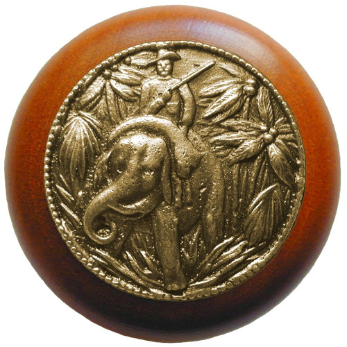 Notting Hill, Lodge and Nature, Jungle Patrol, 1 1/2" Round Wood Knob, Antique Brass with Cherry Wood Finish