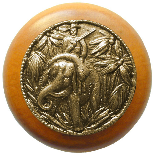 Notting Hill, Lodge and Nature, Jungle Patrol, 1 1/2" Round Wood Knob, Antique Brass with Maple Wood Finish