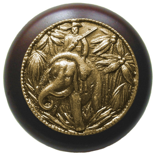 Notting Hill, Lodge and Nature, Jungle Patrol, 1 1/2" Round Wood Knob, Antique Brass with Dark Walnut Wood Finish