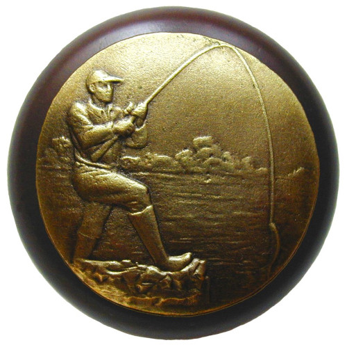 Notting Hill, Lodge and Nature, Catch of the Day, 1 1/2" Round Wood Knob, Antique Brass with Dark Walnut Wood Finish
