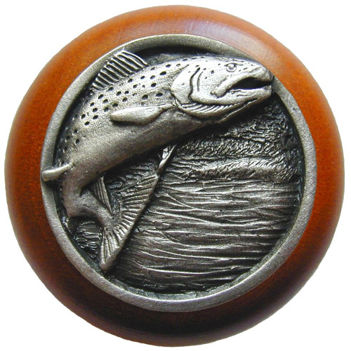 Notting Hill, Lodge and Nature, Leaping Trout, 1 1/2" Round Wood Knob, Antique Pewter with Cherry Wood Finish