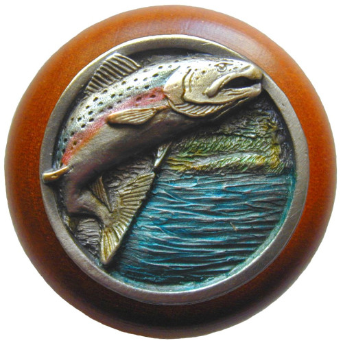 Notting Hill, Lodge and Nature, Leaping Trout, 1 1/2" Round Wood Knob, Hand-Tinted Antique Pewter with Cherry Wood Finish