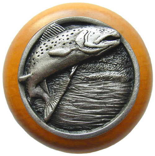 Notting Hill, Lodge and Nature, Leaping Trout, 1 1/2" Round Wood Knob, Antique Pewter with Maple Wood Finish