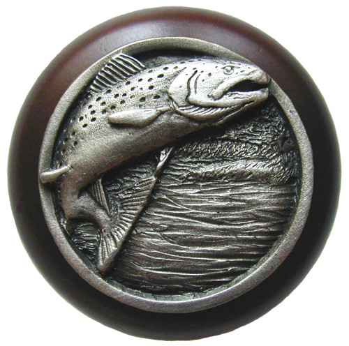 Notting Hill, Lodge and Nature, Leaping Trout, 1 1/2" Round Wood Knob, Antique Pewter with Dark Walnut Wood Finish