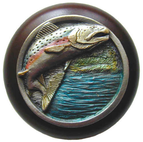 Notting Hill, Lodge and Nature, Leaping Trout, 1 1/2" Round Wood Knob, Hand-Tinted Antique Pewter with Dark Walnut Wood Finish