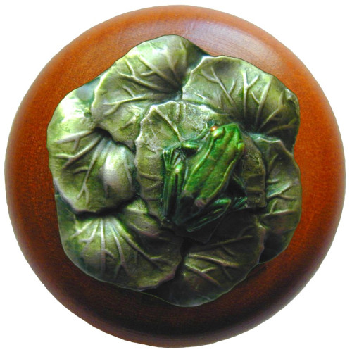 Notting Hill, Lodge and Nature, Leap Frog, 1 1/2" Round Wood Knob, Hand-Tinted Antique Pewter with Cherry Wood Finish