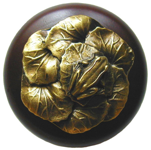 Notting Hill, Lodge and Nature, Leap Frog, 1 1/2" Round Wood Knob, Antique Brass with Dark Walnut Wood Finish