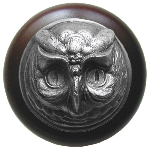 Notting Hill, Lodge and Nature, Wise Owl, 1 1/2" Round Wood Knob, Antique Pewter with Dark Walnut Wood Finish