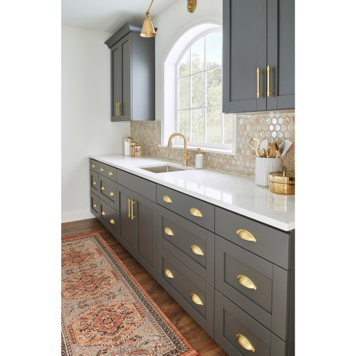 Jeffrey Alexander, Key Grande, 8 13/16" (224mm) Bar Pull, Brushed Gold - installed with Lyon cup pull Jeffrey Alexander, Key Grande, 8 13/16" (224mm) Bar Pull, Brushed Gold - installed with Lyon cup pull