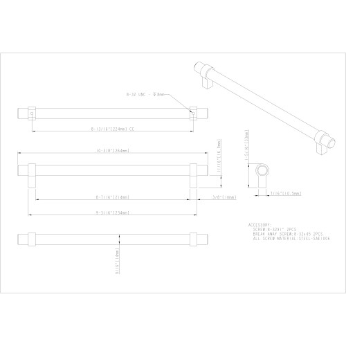 Jeffrey Alexander, Key Grande, 8 13/16" (224mm) Bar Pull, Brushed Gold - technical Jeffrey Alexander, Key Grande, 8 13/16" (224mm) Bar Pull, Brushed Gold - technical