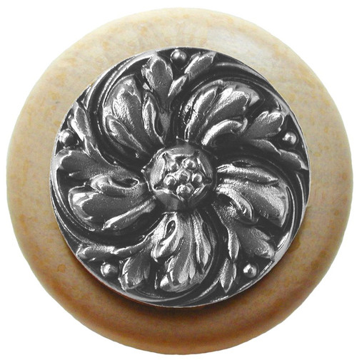 Notting Hill, Classic, Chrysanthemum, 1 1/2" Round Wood Knob, Satin Nickel with Natural Wood Finish