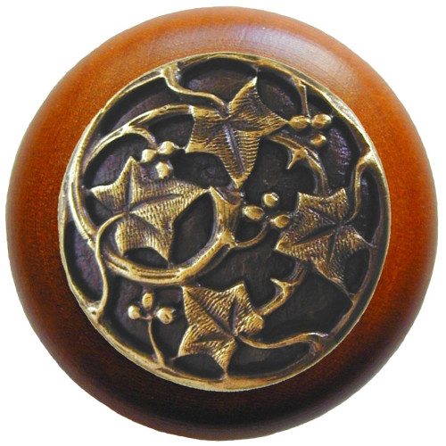 Notting Hill, Florals and Leaves, Ivy with Berries, 1 1/2" Round Wood Knob, Antique Brass with Cherry Wood Finish