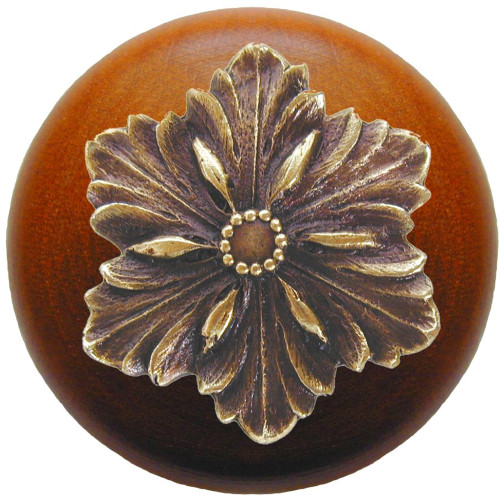 Notting Hill, Classic, Opulent Flower Wood, 1 1/2" Round Knob, Antique Brass with Cherry Wood