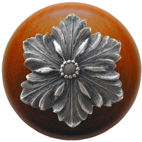 Notting Hill, Classic, Opulent Flower Wood, 1 1/2" Round Knob, Antique Pewter with Cherry Wood