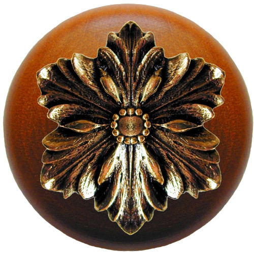 Notting Hill, Classic, Opulent Flower Wood, 1 1/2" Round Knob, Brite Brass with Cherry Wood