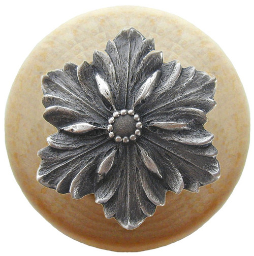Notting Hill, Classic, Opulent Flower Wood, 1 1/2" Round Knob, Antique Pewter with Natural Wood