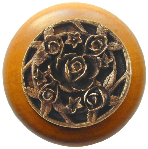 Notting Hill, Florals and Leaves, Saratoga Rose, 1 1/2" Round Wood Knob, Antique Brass with Maple Wood Finish