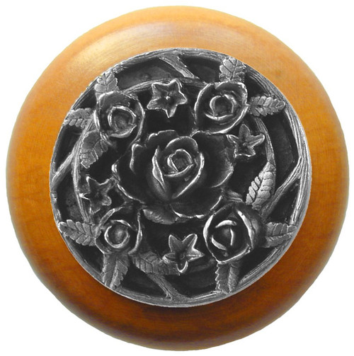 Notting Hill, Florals and Leaves, Saratoga Rose, 1 1/2" Round Wood Knob, Antique Pewter with Maple Wood Finish