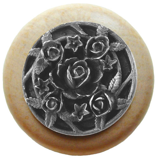 Notting Hill, Florals and Leaves, Saratoga Rose, 1 1/2" Round Wood Knob, Antique Pewter with Natural Wood Finish