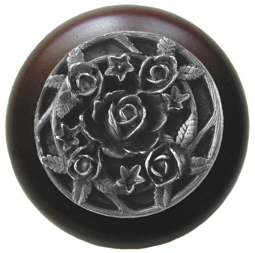 Notting Hill, Florals and Leaves, Saratoga Rose, 1 1/2" Round Wood Knob, Antique Pewter with Dark Walnut Wood Finish