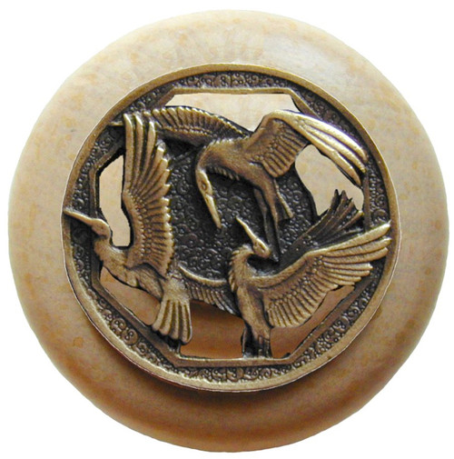 Notting Hill, Woodland, Crane Dance, 1 1/2" Round Wood Knob, Antique Brass with Natural Wood Finish