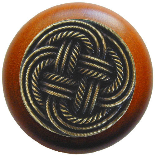 Notting Hill, Beach and Pastimes, Classic Weave, 1 1/2" Round Wood Knob, Antique Brass with Cherry Wood Finish