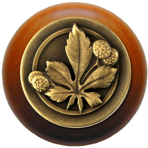 Notting Hill, Woodland, Horse Chestnut, 1 1/2" Round Wood Knob, Antique Brass with Cherry Wood Finish