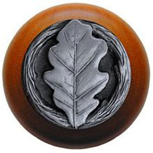 Notting Hill, Woodland, Oak Leaf, 1 1/2" Round Wood Knob, Antique Pewter with Cherry Wood Finish