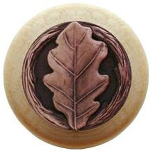 Notting Hill, Woodland, Oak Leaf, 1 1/2" Round Wood Knob, Antique Copper with Natural Wood Finish