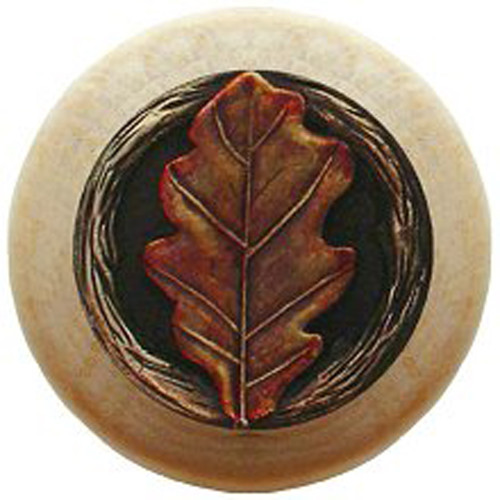 Notting Hill, Woodland, Oak Leaf, 1 1/2" Round Wood Knob, Hand-Tinted Antique Brass with Natural Wood Finish