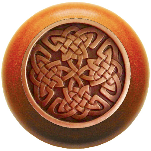 Notting Hill, Arts and Crafts Celtic, Celtic Isles, 1 1/2" Round Wood Knob, Antique Copper with Cherry Wood Finish