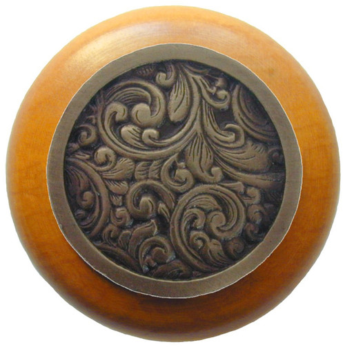 Notting Hill, Classic, Saddleworth, 1 1/2" Round Wood Knob, Antique Brass with Maple Wood Finish