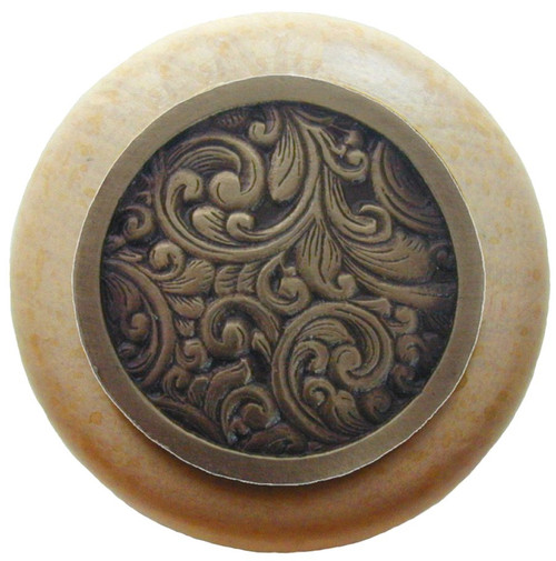 Notting Hill, Classic, Saddleworth, 1 1/2" Round Wood Knob, Antique Brass with Natural Wood Finish