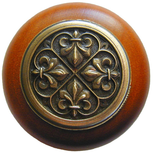 Notting Hill, Chateau, Fleur-de-Lis, 1 1/2" Round Wood Knob, Antique Brass with Cherry Wood Finish