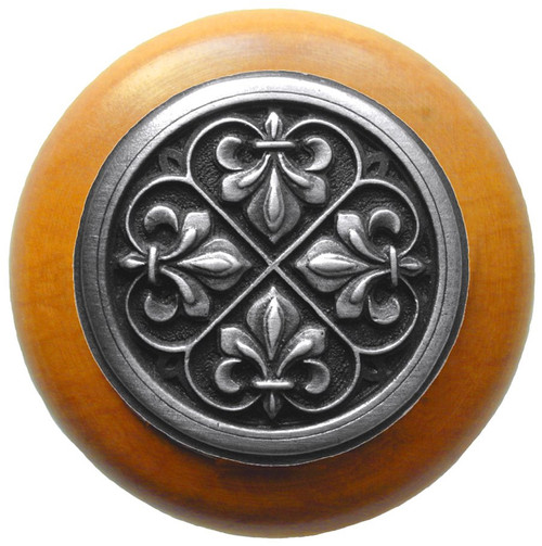 Notting Hill, Chateau, Fleur-de-Lis, 1 1/2" Round Wood Knob, Antique Pewter with Maple Wood Finish