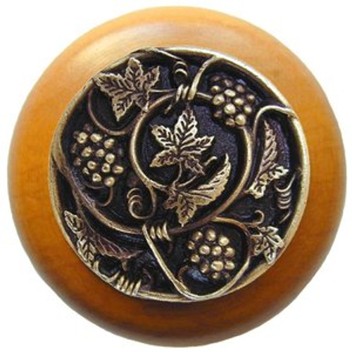 Notting Hill, Tuscan, Grapevines, 1 1/2" Round Wood Knob, Antique Brass with Maple Wood Finish