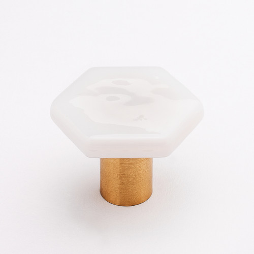 Sietto, Hexagon, 1 1/4" Hexagon Knob, White with Satin Brass Base