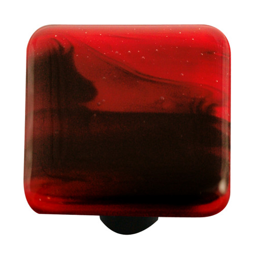 Aquila Art Glass, Swirls, 1 1/2" Square Knob, Black Swirl on Brick Red