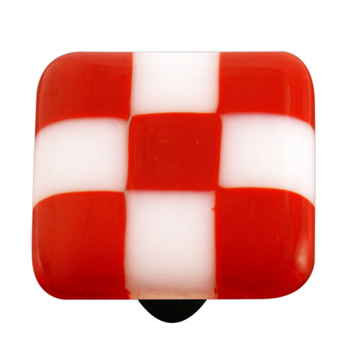 Aquila Art Glass, Lil Squares, 1 1/2" Square Knob, Brick Red White Squares