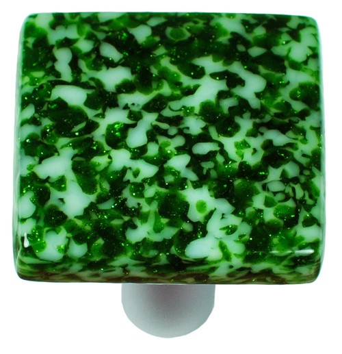 Aquila Art Glass, Granite, 1 1/2" Square Knob, Light Metallic Green and White